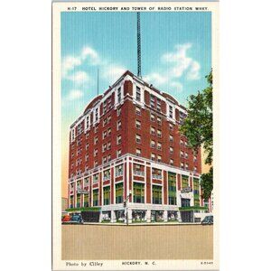 Vtg Postcard Hotel Hickory & Tower of Radio Station Whky Hickory North Carolina